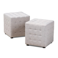 Baxton Studio BBT5127-Greyish Beige-Otto Elladio Modern and Contemporary Greyish Beige Fabric Upholstered Tufted Cube Ottoman Set of 2